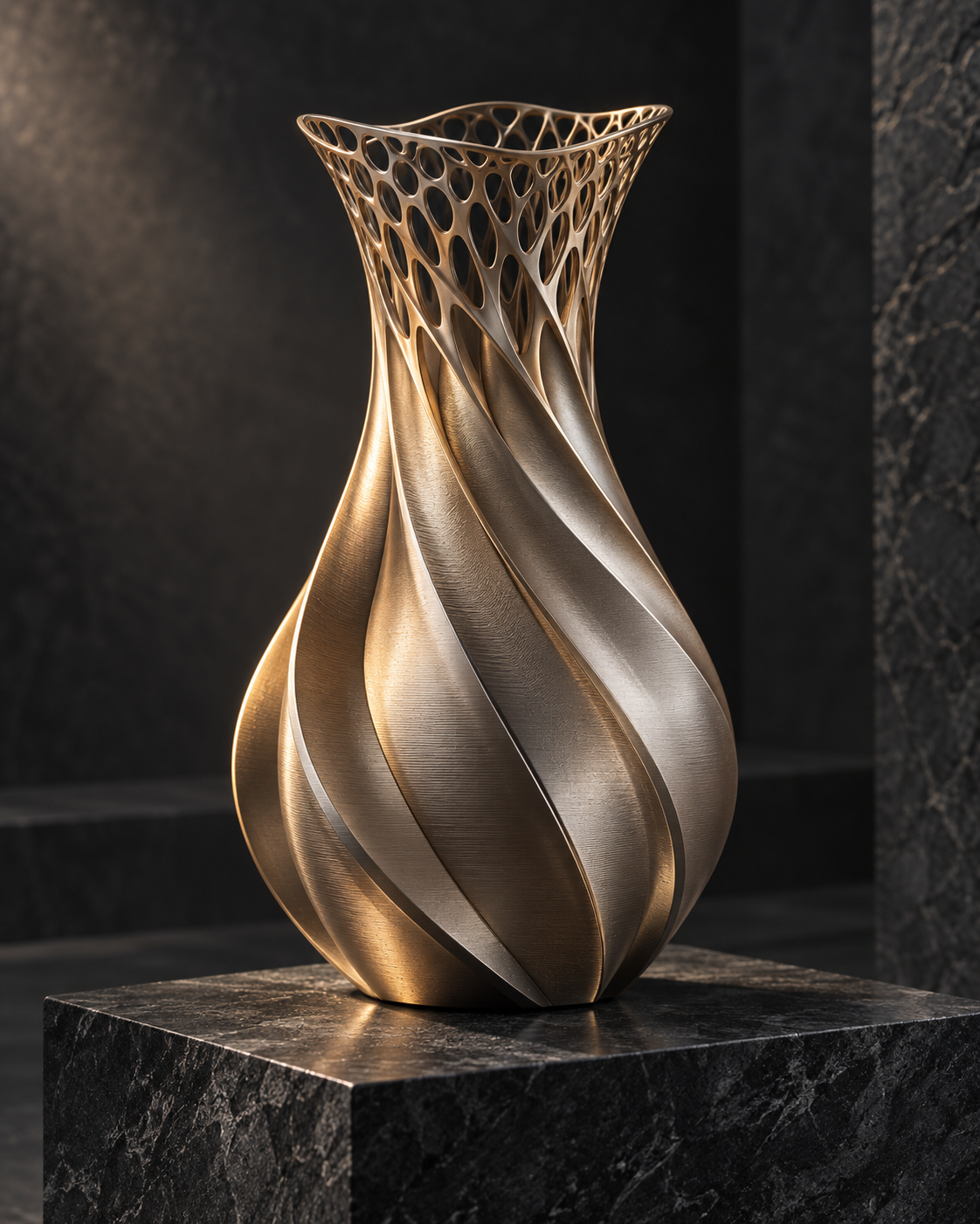 Peça artística em metal com camadas de impressão 3D aparentes